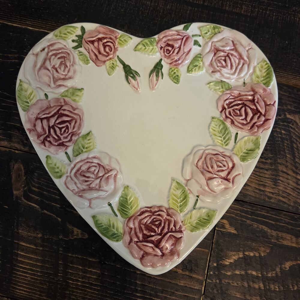 Vintage Majolica Heart Shaped Embossed Cabbage Rose Plates Portugal